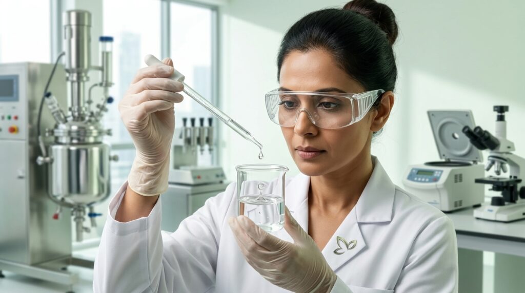 Chemist inspecting beaker in lab