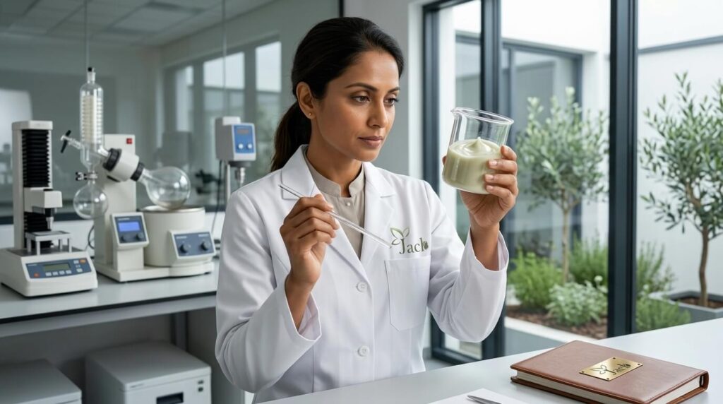 Chemist inspecting cream in lab