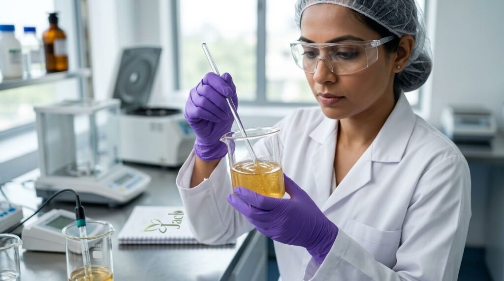 Chemist inspecting shampoo
