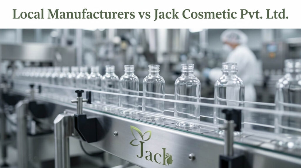 Cosmetic bottles on conveyor belt