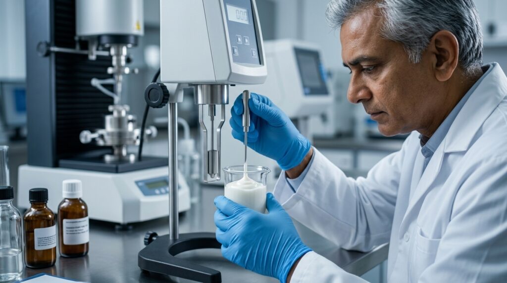 Cosmetic chemist testing cream