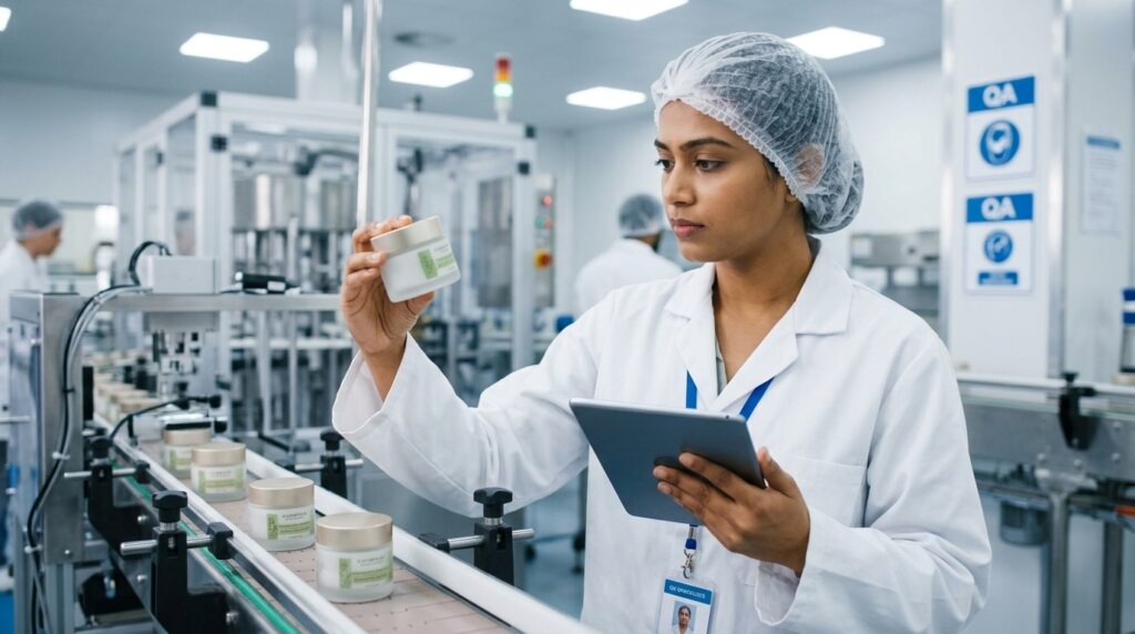 Engineer inspecting cosmetic