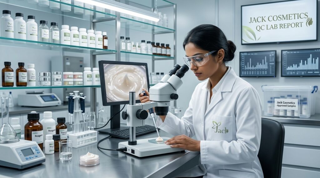 Chemist analyzing lotion in lab