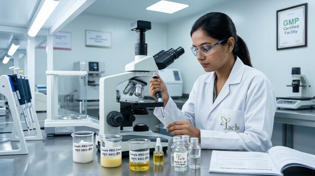 Female scientist looking through microscope
