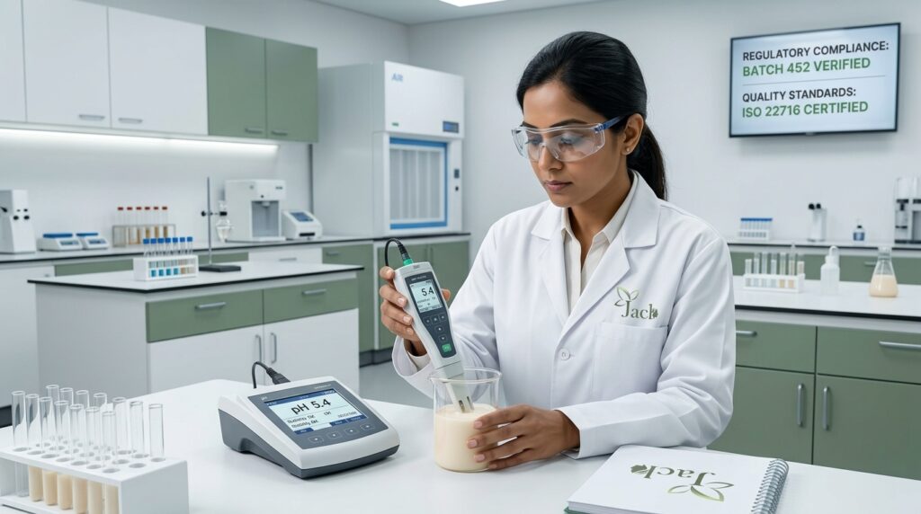 Female scientist testing lotion