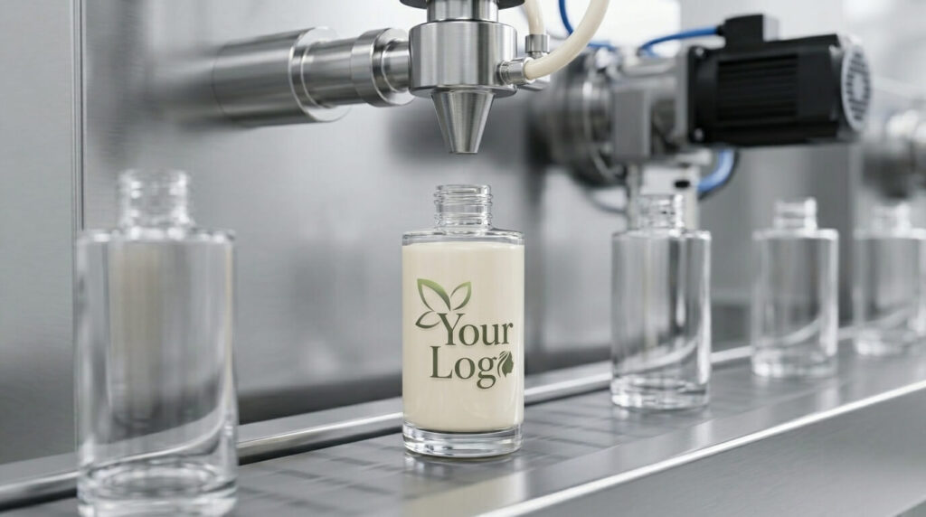 Machine dispensing lotion into bottle