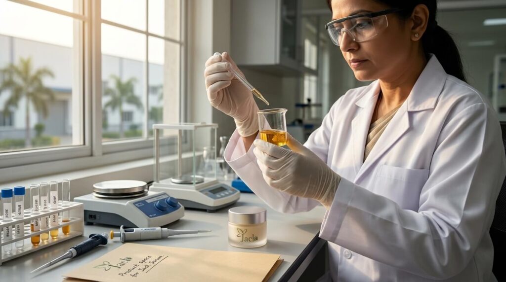 Scientist examining face serum