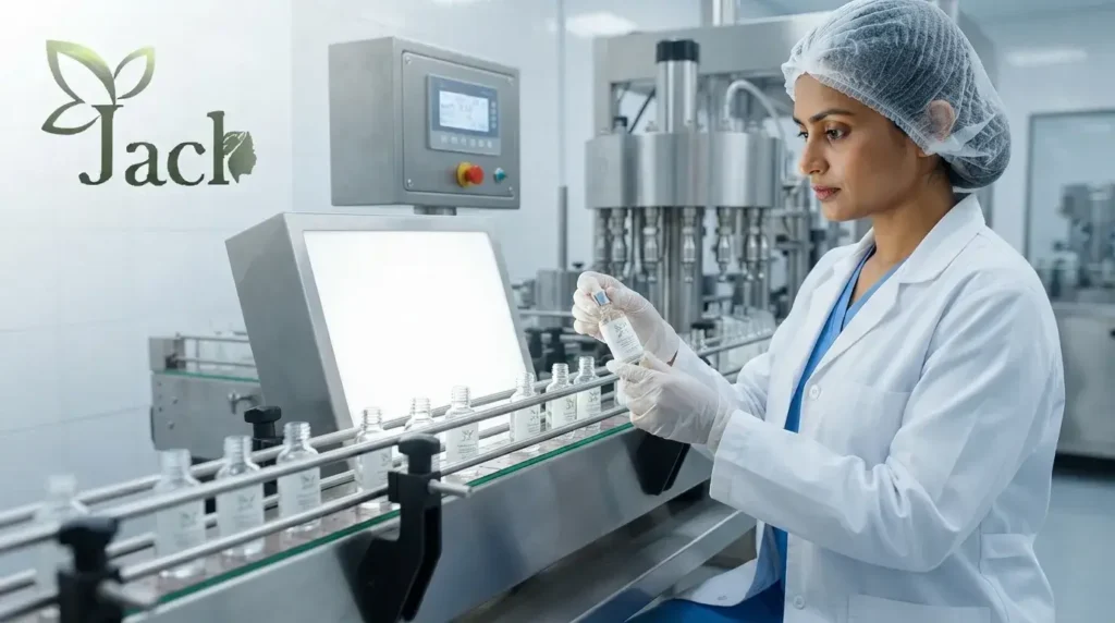 Quality control technician inspecting cosmetic products at Jack Cosmetics GMP-certified facility in Ahmedabad, India