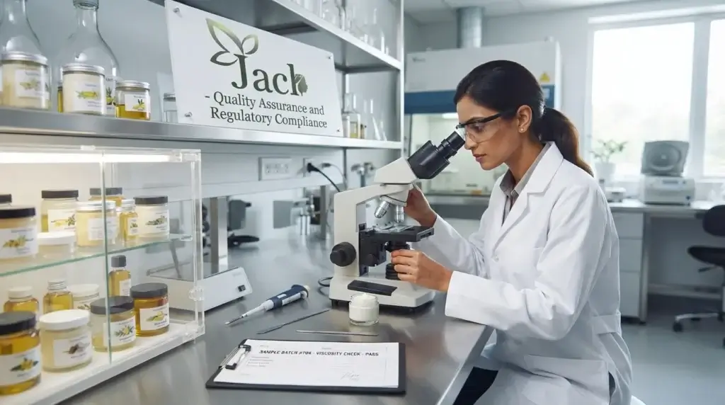 Beauty brand owner reviewing private label cosmetic product sample before production