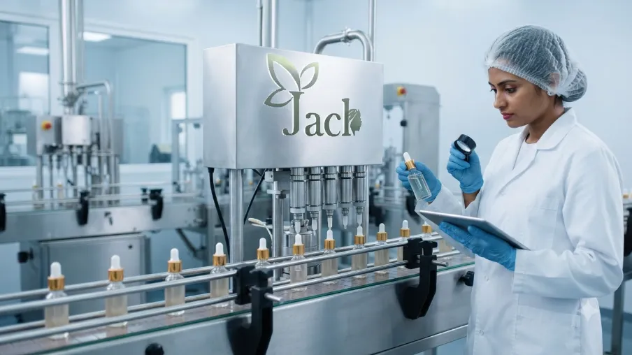 Technician inspecting serum bottle By Jack