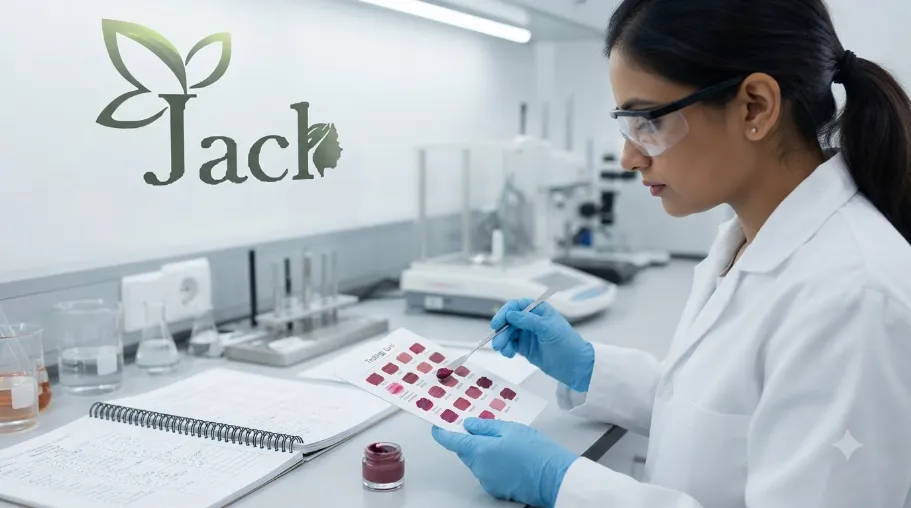 cosmetic lab technician testing lip pigment